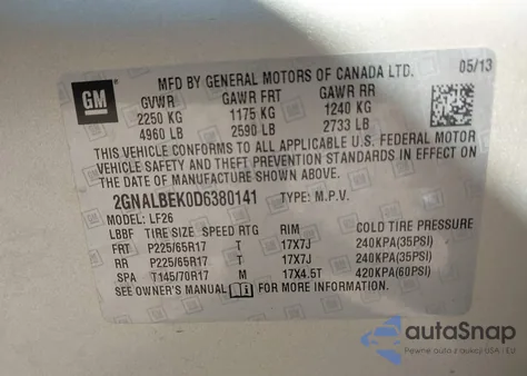 2013 Chevrolet Equinox Ls z USA, uszkodzony, nr VIN 2GNALBEK0D6380141